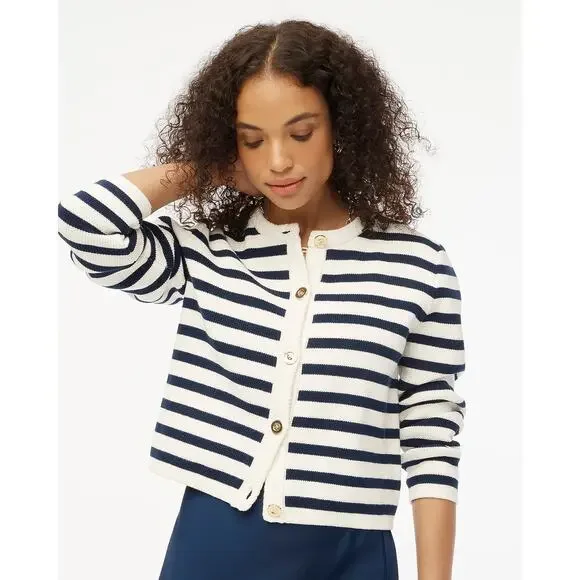 NWT J. Crew Factory Striped Cotton Cardigan Sweater Ivory Navy Stripe - Size: XL - Picture 7 of 10